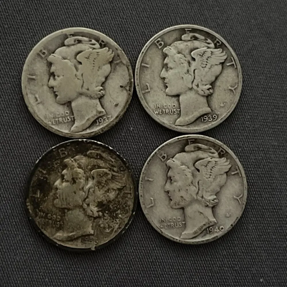 4 US Coin 1937,1936,1939,1940 Mercury .10Ten Cent Dime 90% Silver Circulated